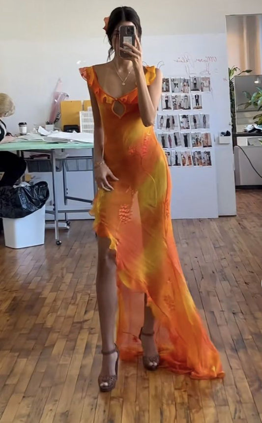 Orange Fashion Gradient Spaghetti Strap Long Ruffle Elegant Chiffon Ball Gown prom dress Evening Dress Holiday Party Dress gh3319