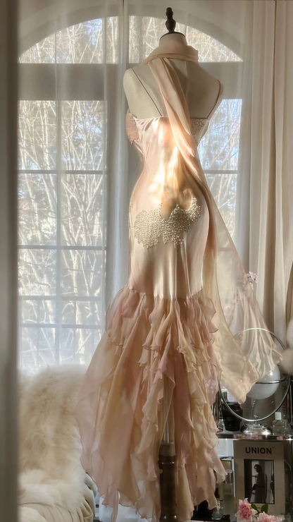 Vintage Mermaid Beaded Floral Design Romantic Chiffon Evening Dress Prom Dress TP4014