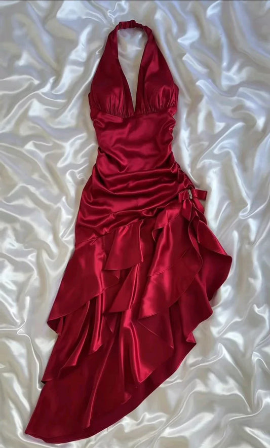 Vestido de fiesta vintage de satén rojo intenso con escote en V y volantes, vestido de noche estilo halter, vestido formal de corte A TP4599