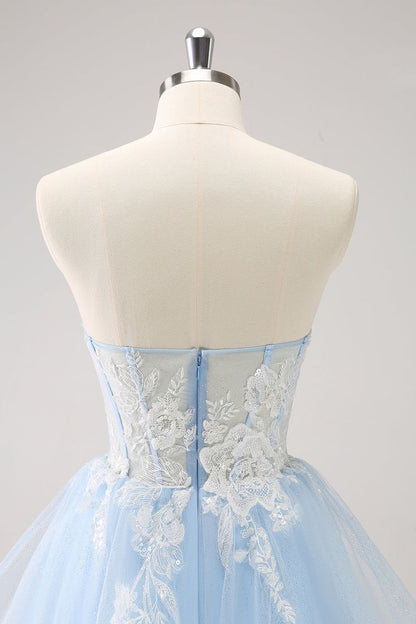 New Fashion Light Blue Flower Embroidery Design A-line Spaghetti Strap Homecoming Dress TP3416