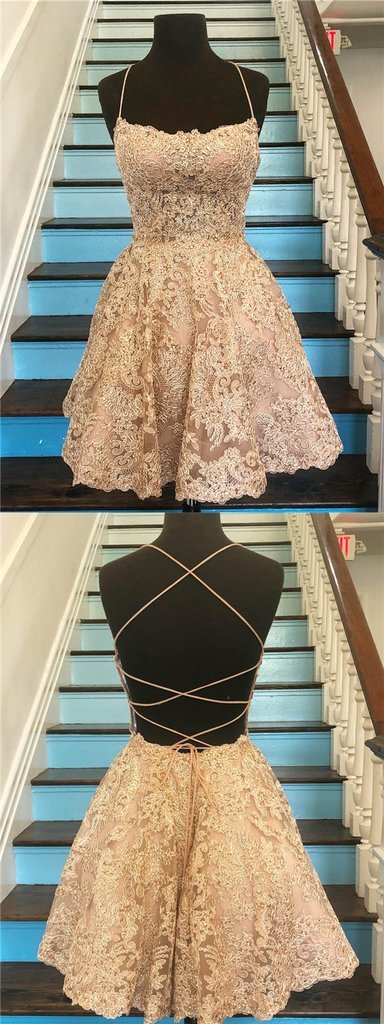Vestidos de fiesta cortos, únicos, con tirantes finos y espalda cruzada, corte A y encaje dorado.