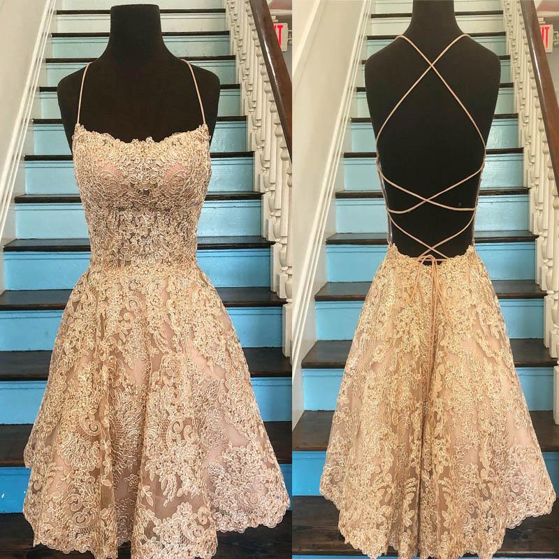 Vestidos de fiesta cortos, únicos, con tirantes finos y espalda cruzada, corte A y encaje dorado.
