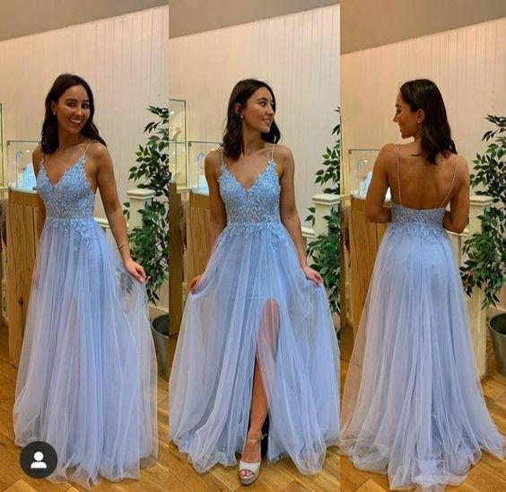 Vestido de fiesta de noche con tirantes finos, encantador y sexy, vestido de fiesta largo con apliques azules.