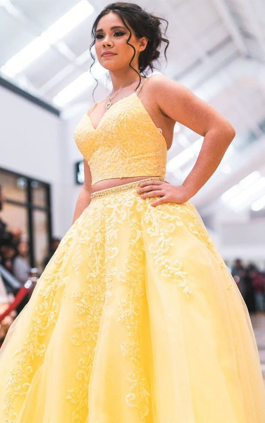 Vestidos de fiesta largos amarillos de dos piezas, vestido de noche formal con apliques de encaje