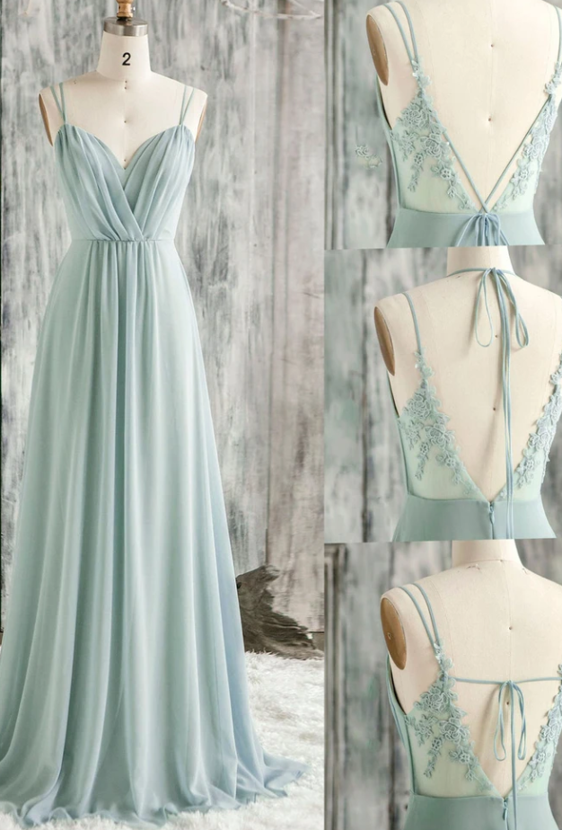 Vestido de fiesta largo de gasa con escote en V verde sencillo y encaje para dama de honor