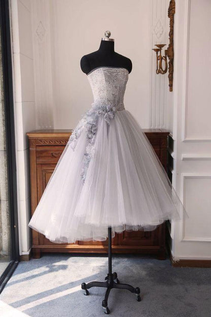 Vestido corto de tul gris con escote en forma de corazón, vestido de fiesta de tul gris