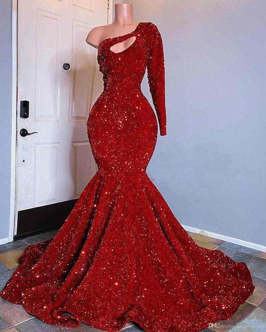 Vestidos de fiesta de sirena con lentejuelas rojas y negras para niñas, vestidos de noche de un solo hombro y manga larga