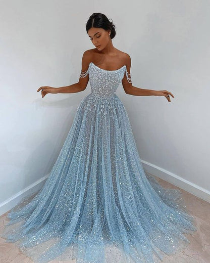 Shiny Strapless Blue Tulle Long Prom dress, Sparkly Blue Tulle Evening Dress GP317