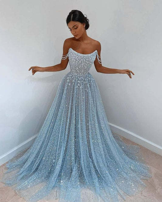 Shiny Strapless Blue Tulle Long Prom dress, Sparkly Blue Tulle Evening Dress GP317
