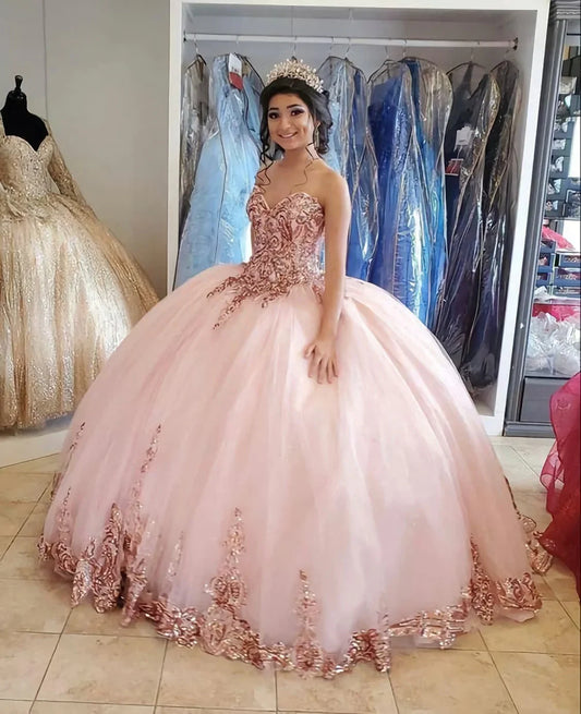 Pink Sweetheart Ball Gown Prom Dress With Appliques, Princess Pink Quinceanera Dresses GP420