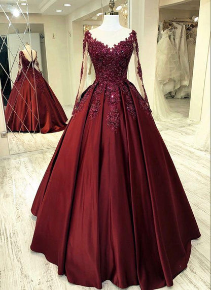 Elegante vestido de novia burdeos con encaje de manga larga, vestido de fiesta con escote transparente para mujer, vestido de fiesta