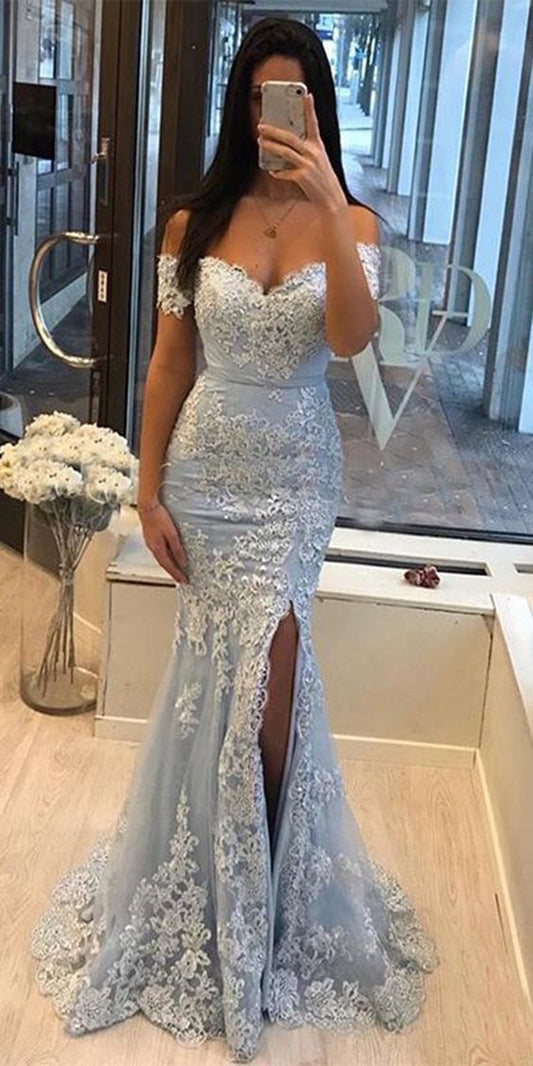 Blue Off the Shoulder Split Mermaid Prom Dress With Lace Appliques GP197