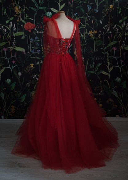 Vestido de fiesta vintage de tul rojo, vestidos de noche para mujer con flores