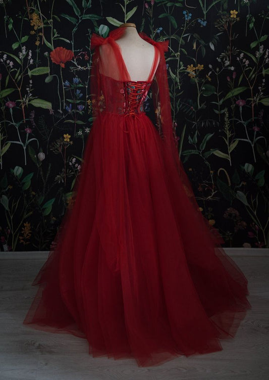 Vestido de fiesta vintage de tul rojo, vestidos de noche para mujer con flores