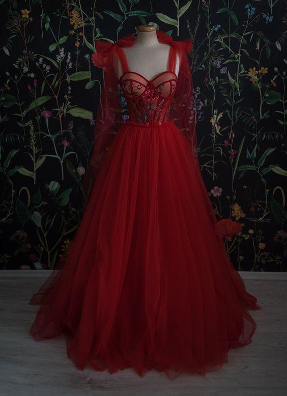 Vestido de fiesta vintage de tul rojo, vestidos de noche para mujer con flores