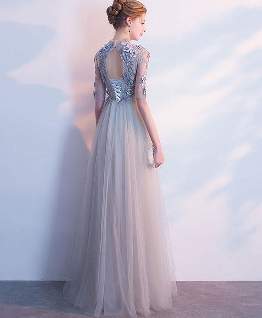 Light Grey Tulle Long Lace Applique Flowers Wedding Party Dresses, A-Line Tulle Evening Dress Prom Dress   cg22376