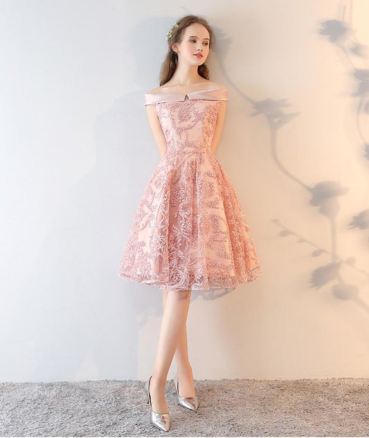 Pink Lace Off Shoulder Short Party Dress Homecoming Dress   cg22641