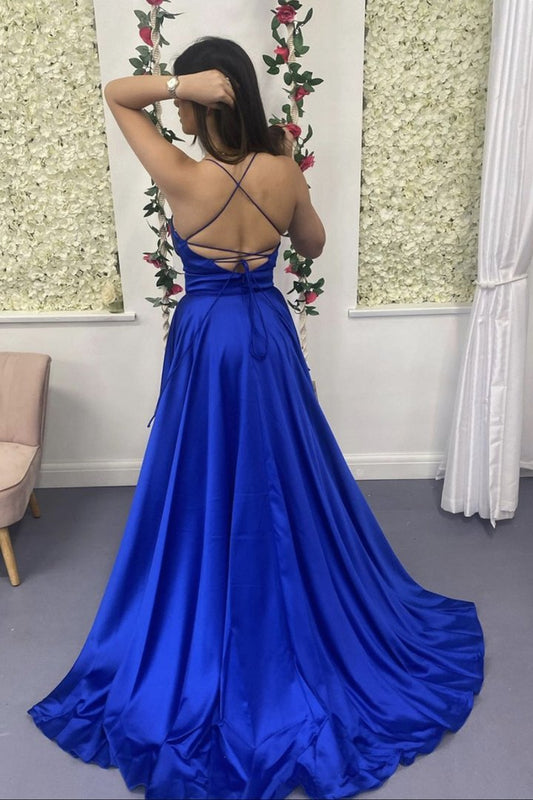 Blue satin long A line prom dress blue evening dress        cg22958