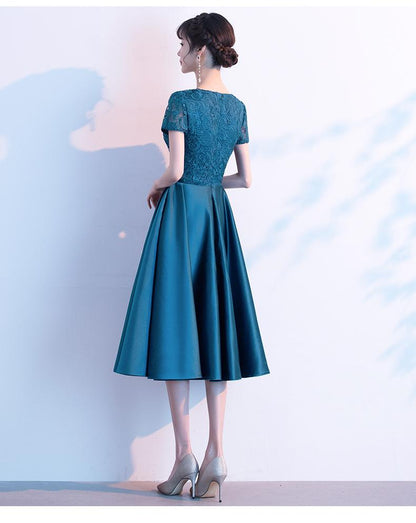 Teal Green Round Neckline Satin With Lace Wedding Party Dresses, Short homecoming Dresses       cg22964