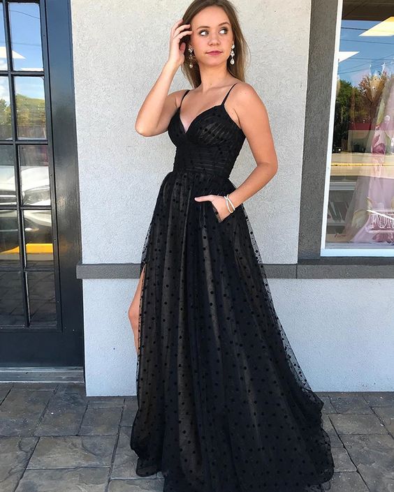 Black Spaghetti Straps Polka Dot Net Side Slit Prom Dress with Pockets      cg23199