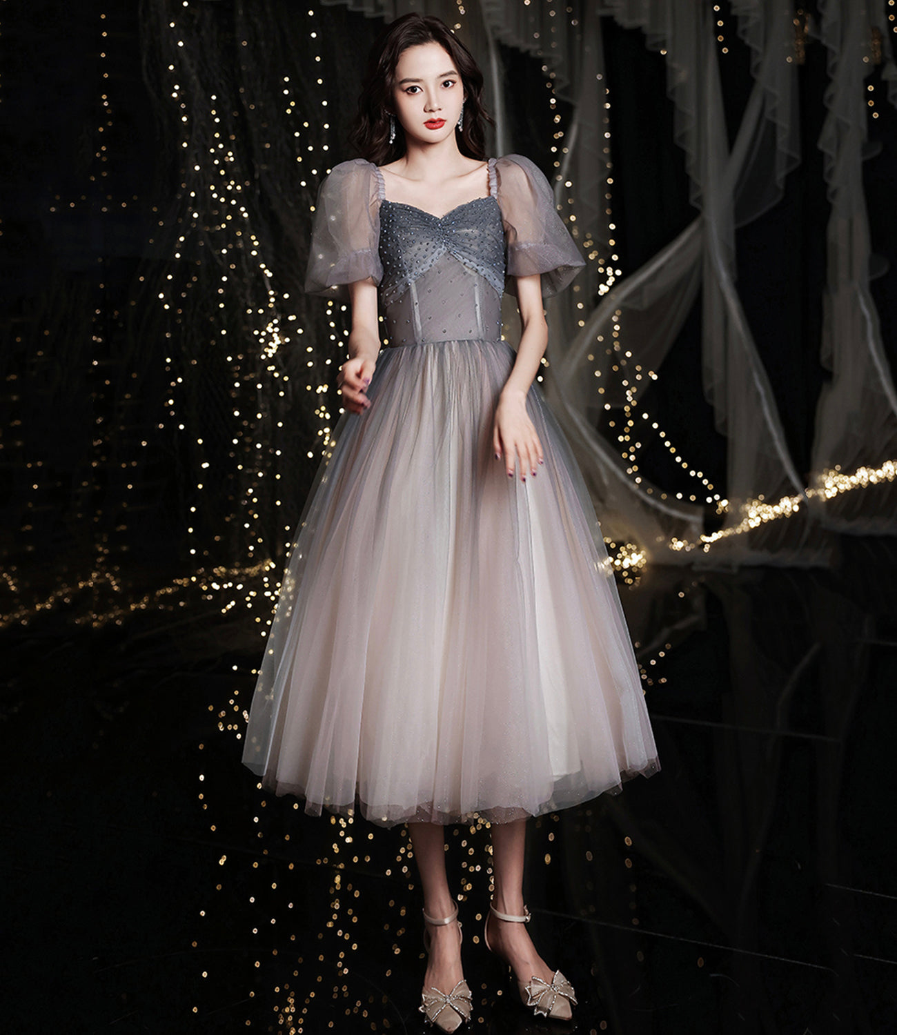 GRAY TULLE SHORT A LINE DRESS HOMECOMING DRESS    cg23355