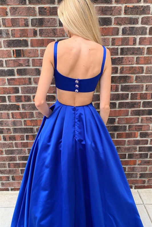 Simple A Line Open Back Royal Blue Satin Long Prom Dress with Pocket      cg23559