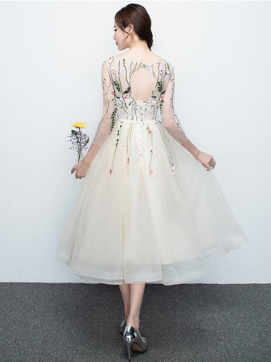 Light Champagne Tea Length Floral Lace Formal Dress Bridesmaid Dress, Cute Short Party Dresses prom dress, evening dress    cg23602
