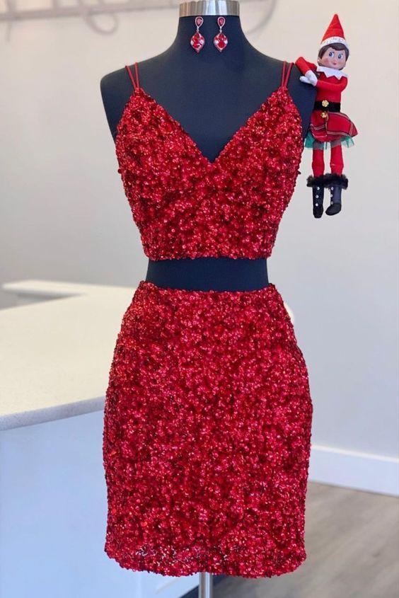 Vestido de fiesta de dos piezas con lentejuelas rojas, ajustado y con escote en V, vestido de fiesta corto.