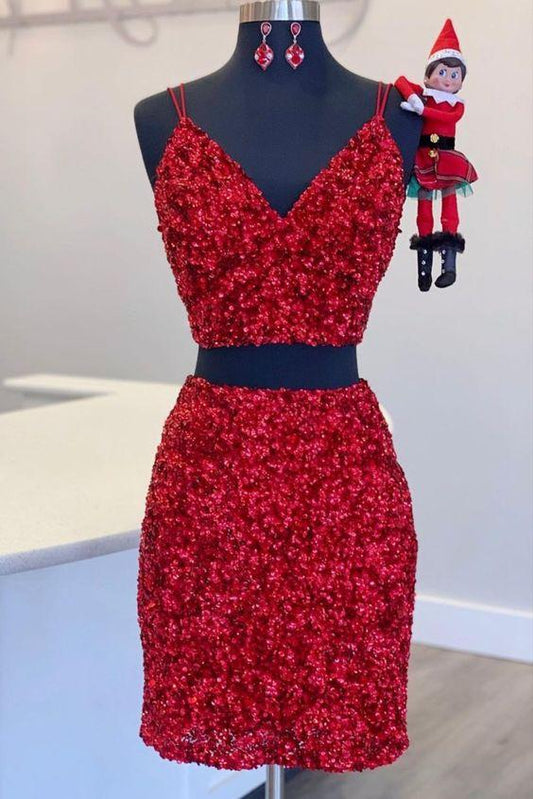 Vestido de fiesta de dos piezas con lentejuelas rojas, ajustado y con escote en V, vestido de fiesta corto.