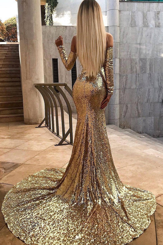 Long Sleeves V-neck Gold Prom Dreses Sequins Long Evening Dress GP145