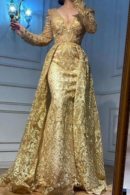 Vestido de fiesta largo único con cuello en V y manga larga, vestido formal de encaje