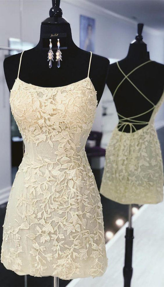 Vestidos de fiesta ajustados de encaje amarillo, vestido corto de fiesta amarillo con espalda con cordones