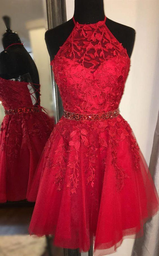 Vestidos cortos rojos de fiesta, vestido formal de encaje con cuentas