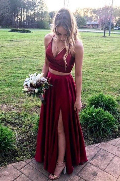 Vestidos de fiesta largos burdeos de dos piezas, vestidos de fiesta burdeos con abertura
