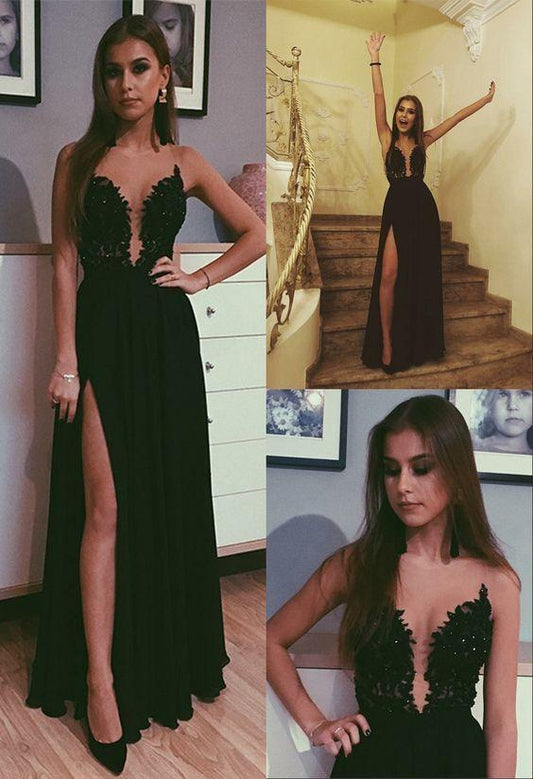 Vestido de fiesta negro de gasa con corte A y apliques de cuentas, vestido de noche largo con abertura