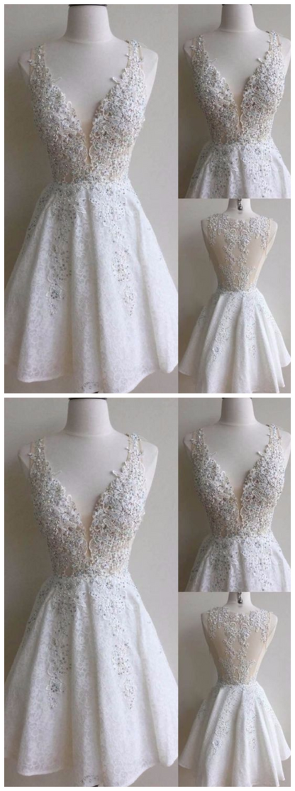 lace short white v-neck A-line homecoming dress cg955