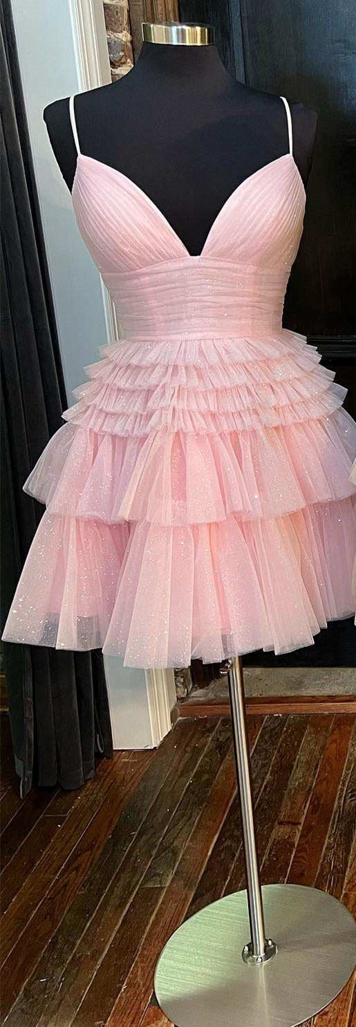 Vestido de fiesta corto de corte A con varios niveles, vestidos de cóctel rosa claro