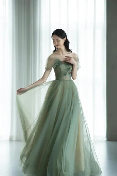 Green beautiful charming floral applique tulle long formal prom dress, evening dress, party dress gh2530