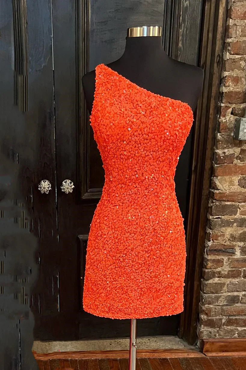 Orange Sequin One Shoulder Fitted Homecoming Dress , AST1172