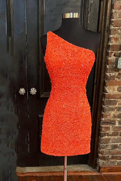 Orange Sequin One Shoulder Fitted Homecoming Dress , AST1172