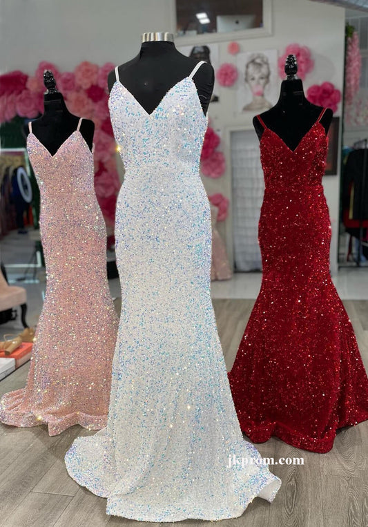 Vestido de fiesta de sirena blanco brillante, vestidos de gala con lentejuelas elegantes