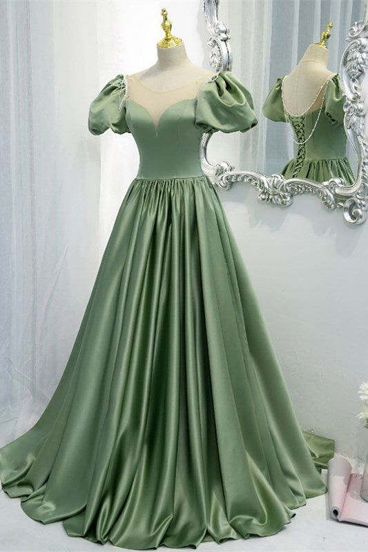 Vestido de fiesta largo de satén con corte en A verde