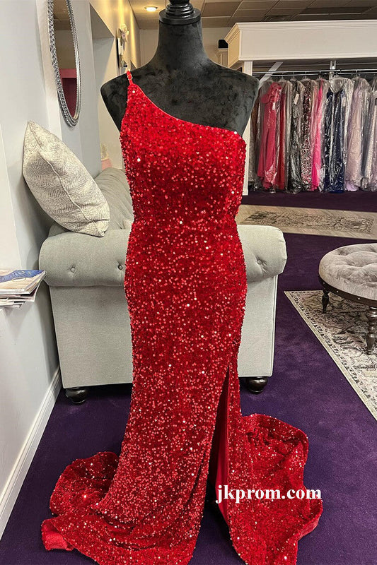 Vestido de fiesta rojo brillante, vestido formal largo de un solo hombro, vestido de noche
