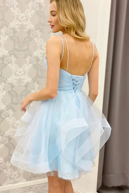 Fashion Light Blue Ruffled Hem Design A-line Tulle Short Spaghetti Strap Homecoming Dress TP3569