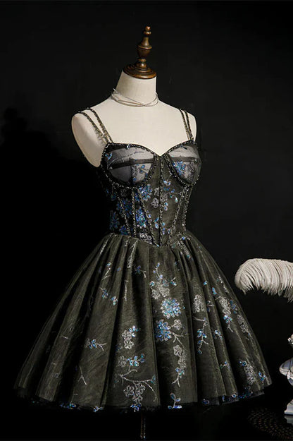 Fashion Sequined Floral Design A-line Sweetheart Tulle Short Spaghetti Strap Homecoming Dress TP3576