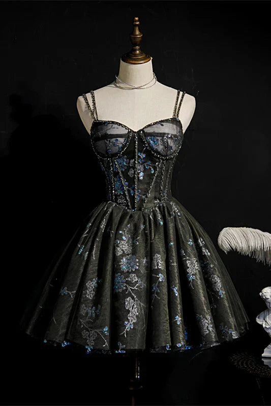 Fashion Sequined Floral Design A-line Sweetheart Tulle Short Spaghetti Strap Homecoming Dress TP3576