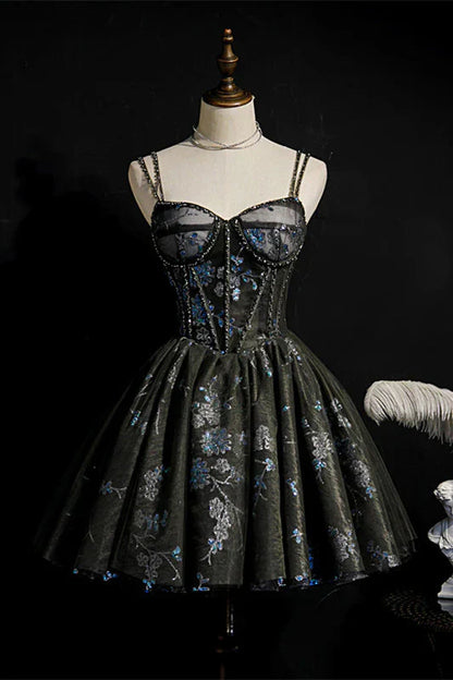 Fashion Sequined Floral Design A-line Sweetheart Tulle Short Spaghetti Strap Homecoming Dress TP3576
