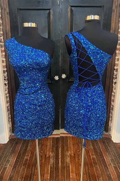 Sparkle Blue Sequin One Shoulder Bodycon Party Dress Homecoming Dresses , AST1176