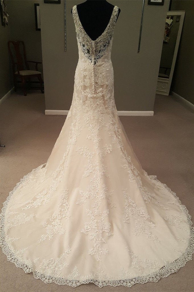 Vestido de novia largo color champán con encaje y corte sirena, vestido de novia de ensueño