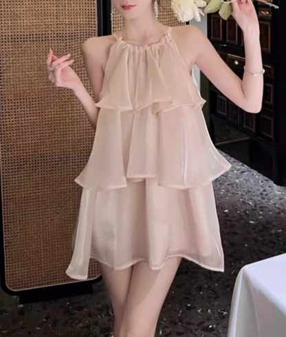 Vestido de fiesta de tul champán sin mangas y escalonado, TP3768